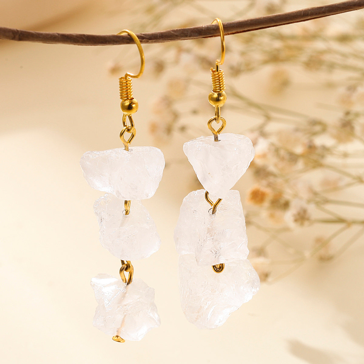 Crystal Earrings With Irregular Raw Stones, Crushed Stones, Tassels, And Long Earrings